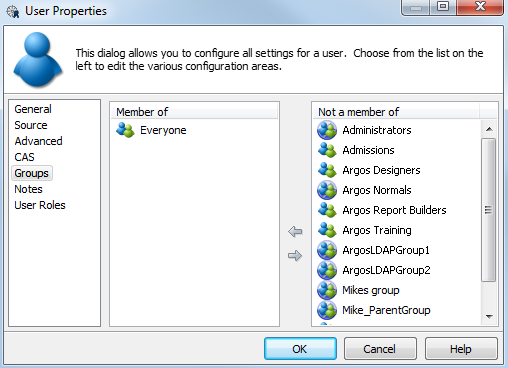 Groups screen of the User Properties dialog showing the user added to the default Everyone group.